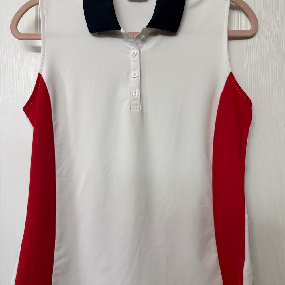 Lady Hagen White Polo golf shirt with Navy Contrast Collar